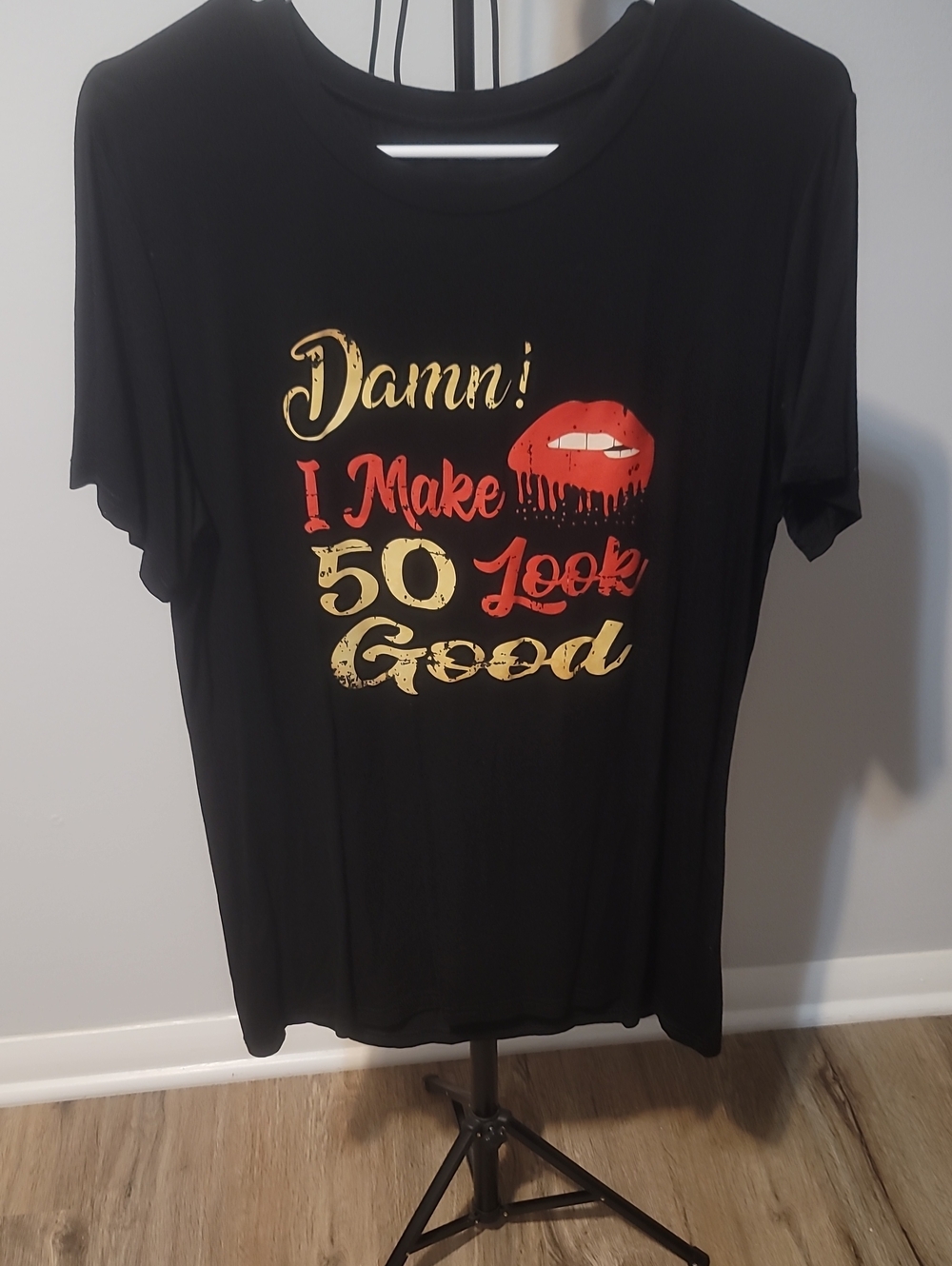 Amazon Black Short Sleeve Tee with Gold & Red Graphic